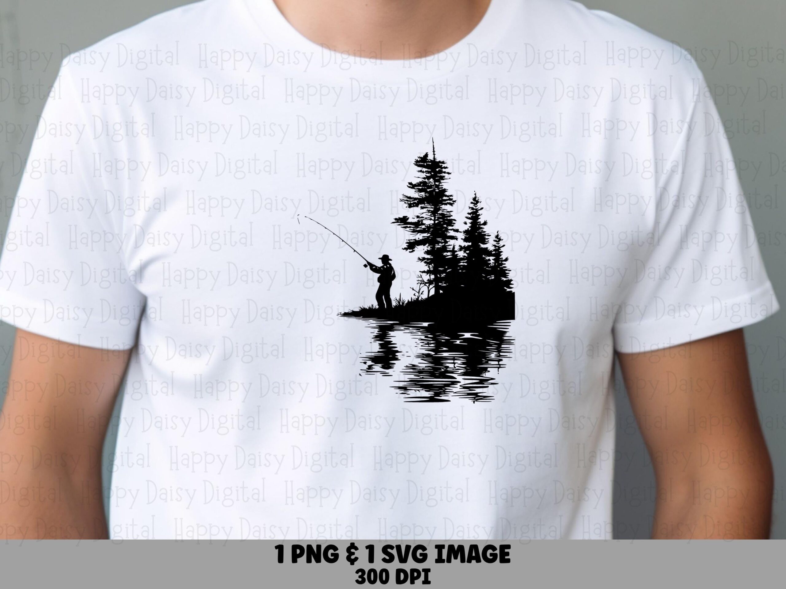 Lakeside Pine Trees, Tranquil Fishing PNG SVG | Sublimation Files, Commercial Use, Print-Ready 300 DPI