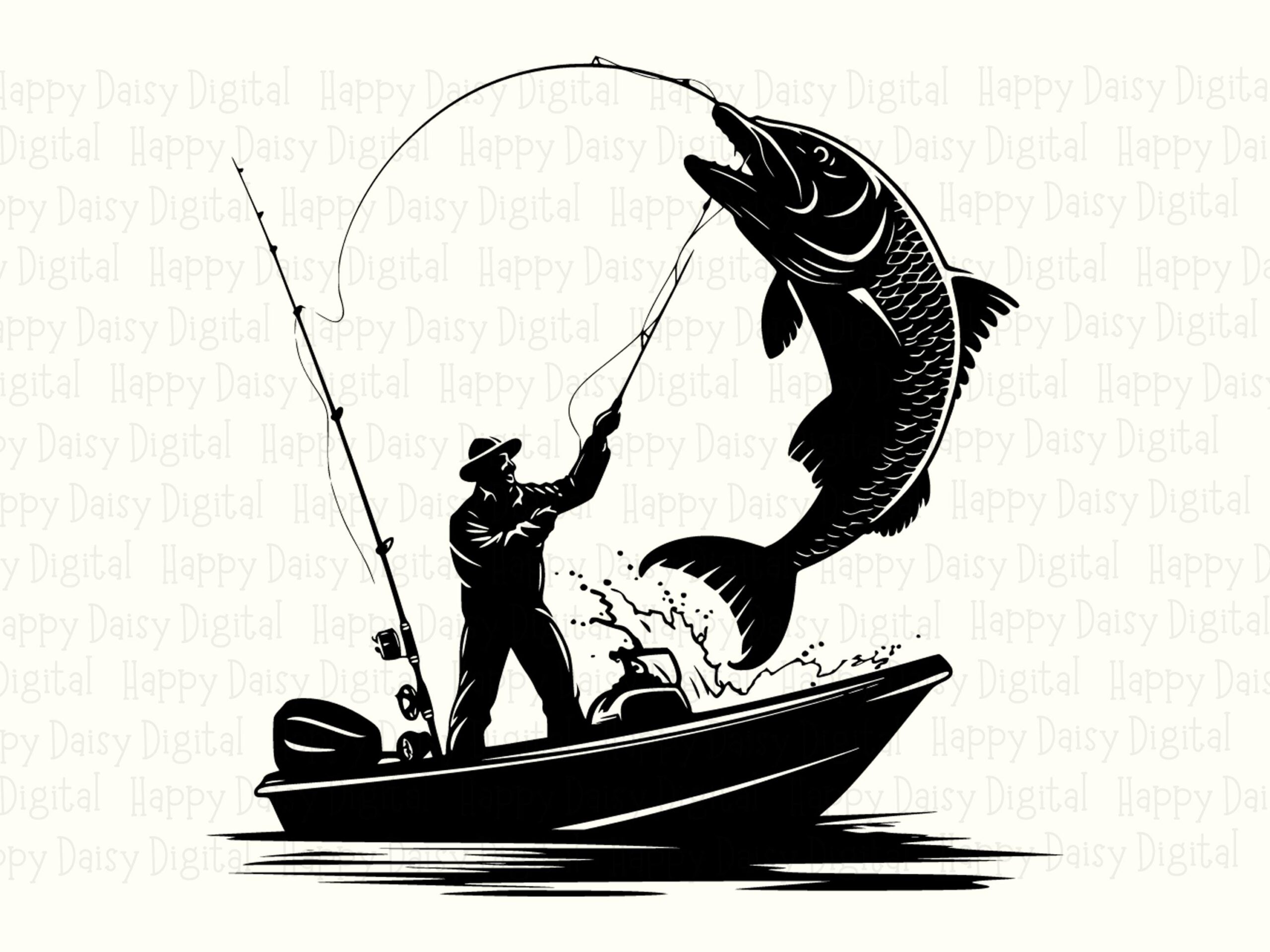 Fisherman In Boat, Big Jumping Fish Silhouette | PNG & SVG, 300 DPI Commercial Use, Sublimation Clipart - Image 2