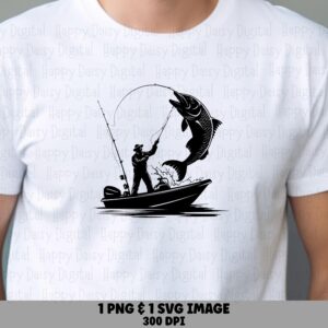 Fisherman In Boat, Big Jumping Fish Silhouette | PNG & SVG, 300 DPI Commercial Use, Sublimation Clipart