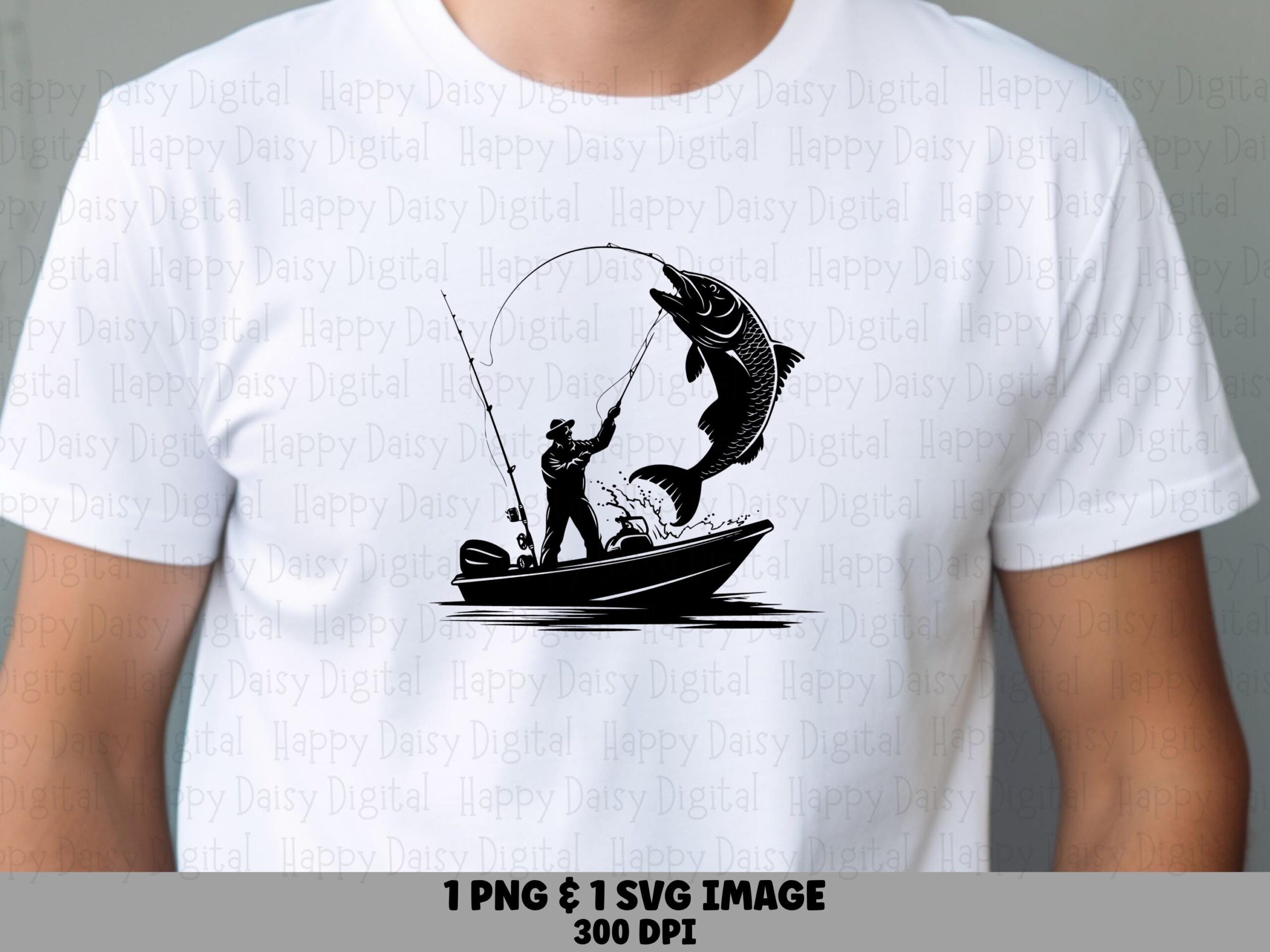Fisherman In Boat, Big Jumping Fish Silhouette | PNG & SVG, 300 DPI Commercial Use, Sublimation Clipart