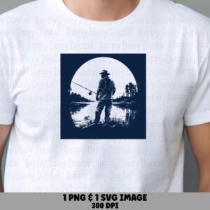 Moonlit Pond Scene, Navy Blue Angler PNG SVG | Sublimation Clipart, Commercial Use, 300 DPI