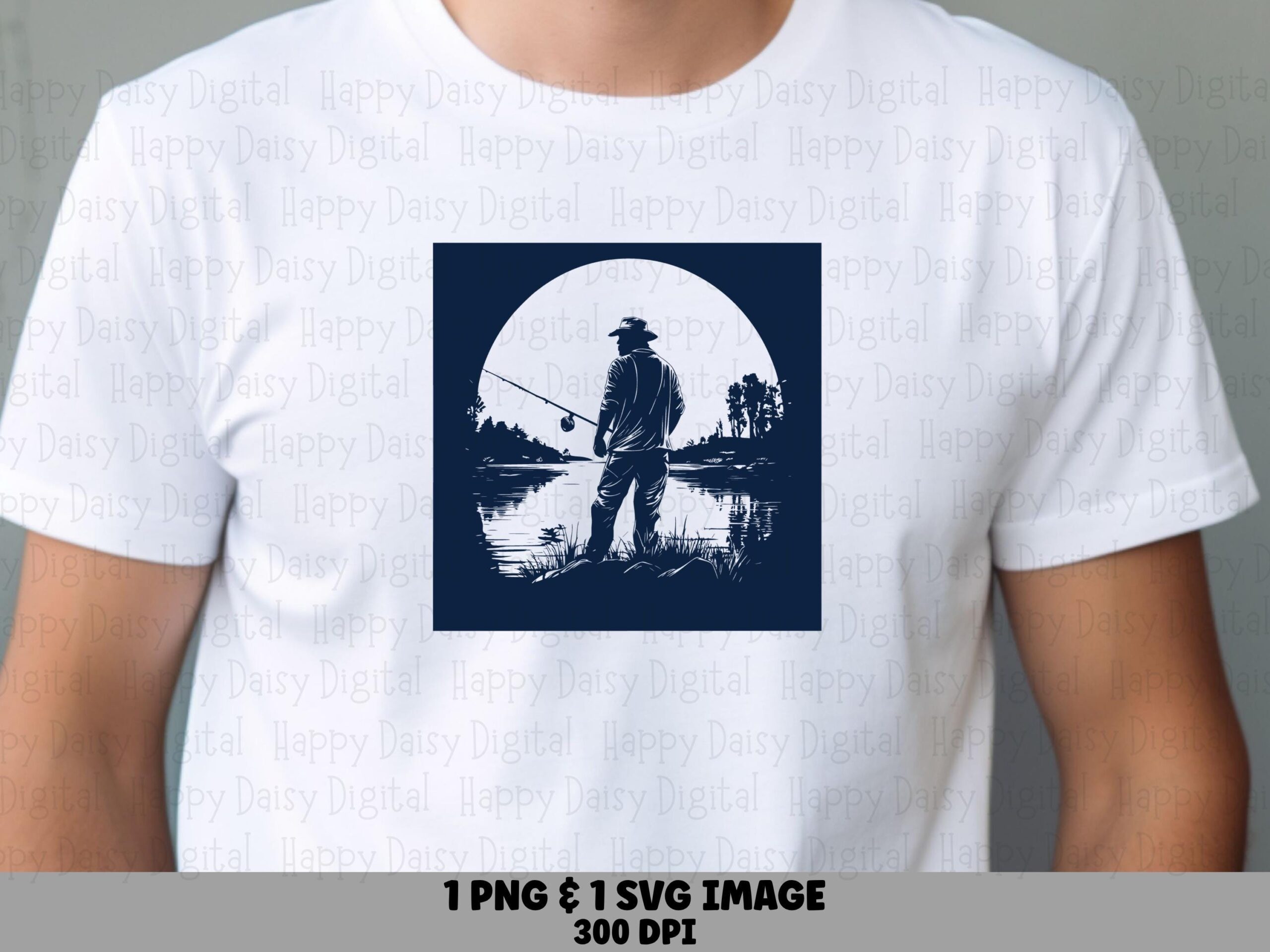Moonlit Pond Scene, Navy Blue Angler PNG SVG | Sublimation Clipart, Commercial Use, 300 DPI