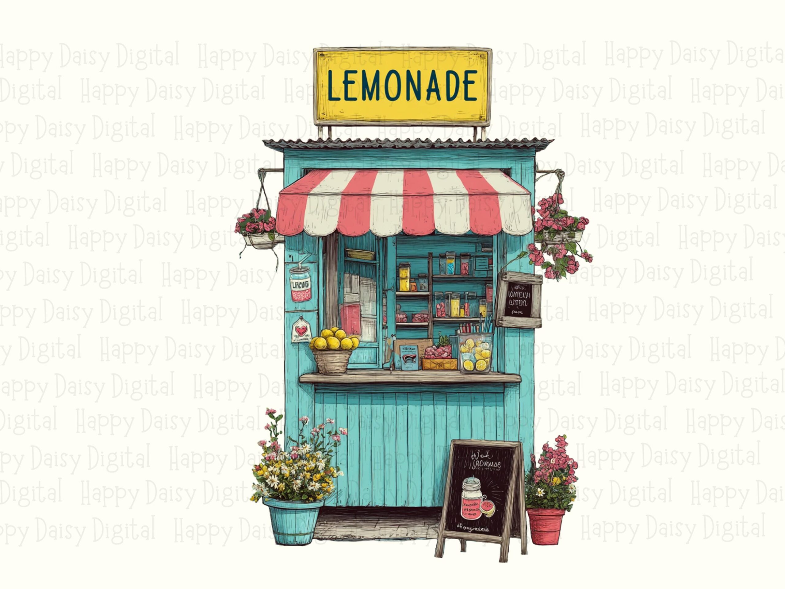 Lemonade Stand Art, Teal Striped Awning Illustration | PNG Sublimation, Chalkboard Detail - 300 DPI, Commercial Use - Image 2