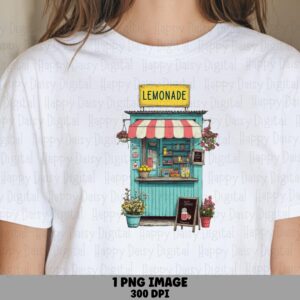 Lemonade Stand Art, Teal Striped Awning Illustration | PNG Sublimation, Chalkboard Detail - 300 DPI, Commercial Use