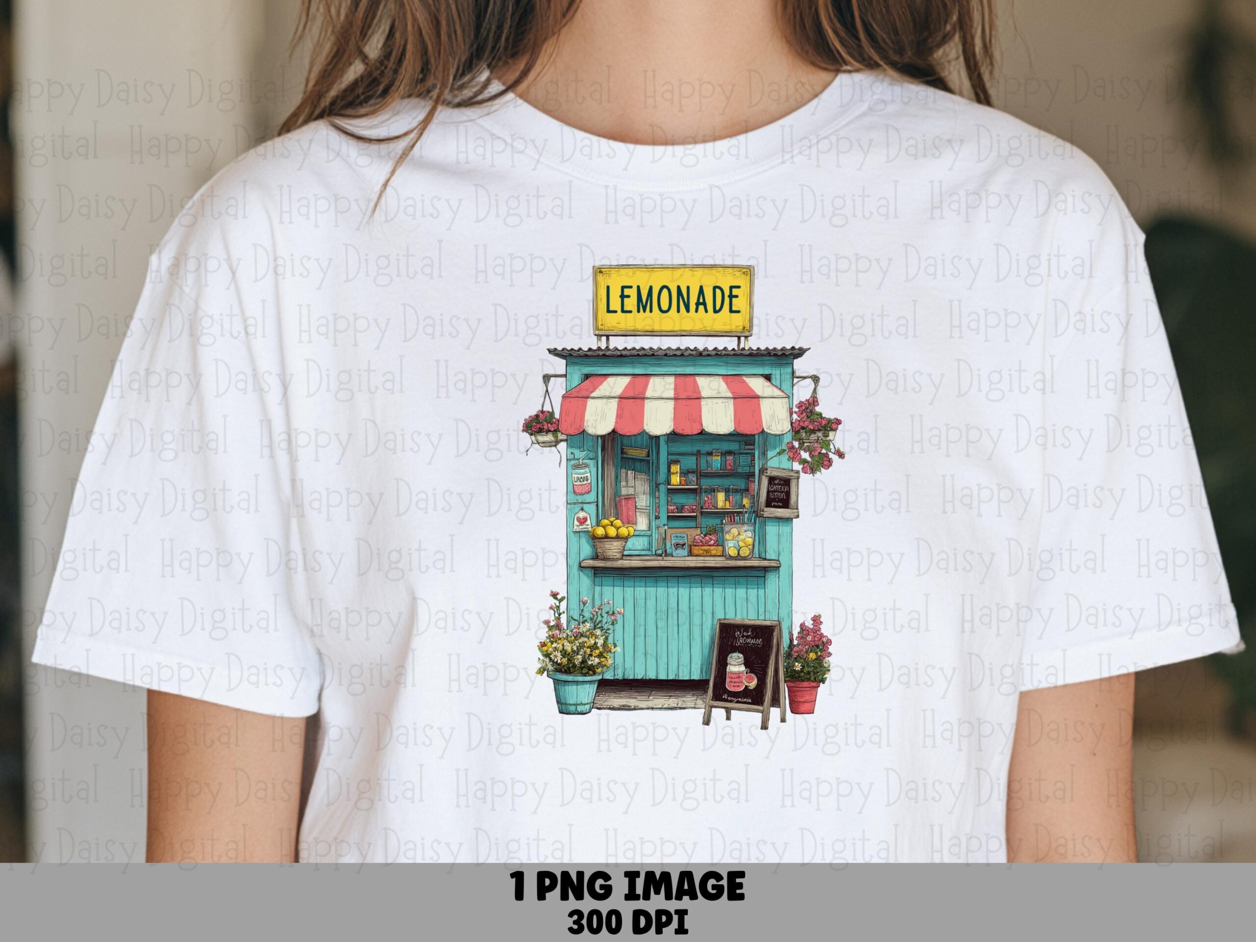 Lemonade Stand Art, Teal Striped Awning Illustration | PNG Sublimation, Chalkboard Detail - 300 DPI, Commercial Use