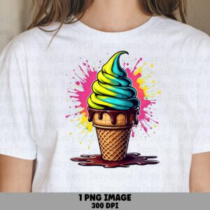 Neon Splatter Cone, Teal Yellow Drip Ice Cream PNG | Sublimation, Commercial License, 300 DPI