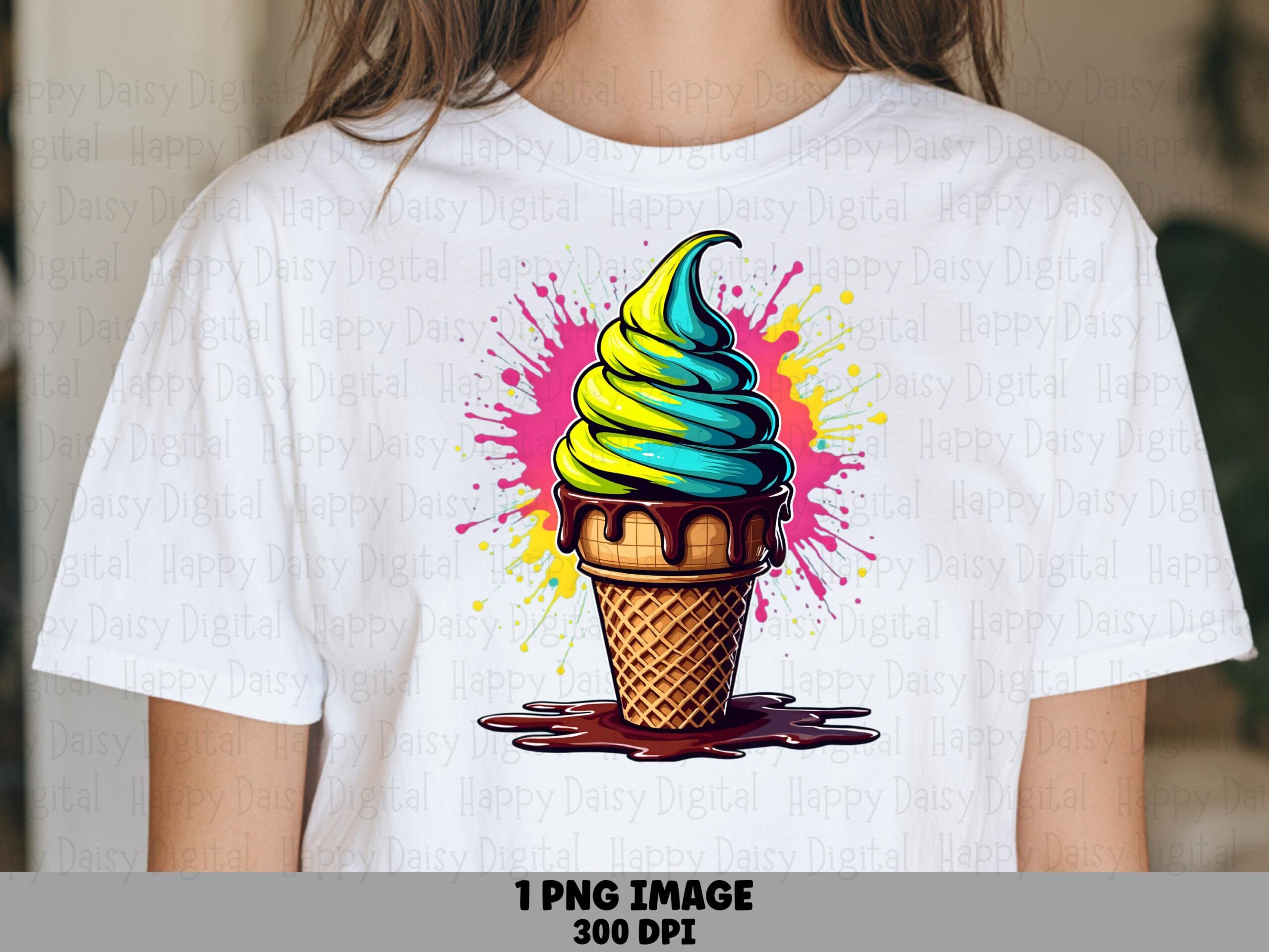 Neon Splatter Cone, Teal Yellow Drip Ice Cream PNG | Sublimation, Commercial License, 300 DPI