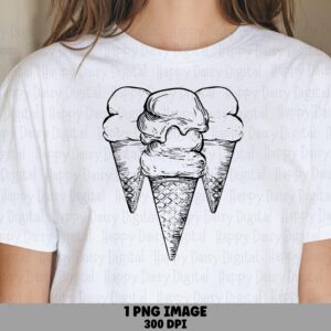Triple Scoop Sketch, Hand Drawn Ice Cream PNG | Sublimation, 300 DPI, Transparent Background, Clipart For POD Sellers