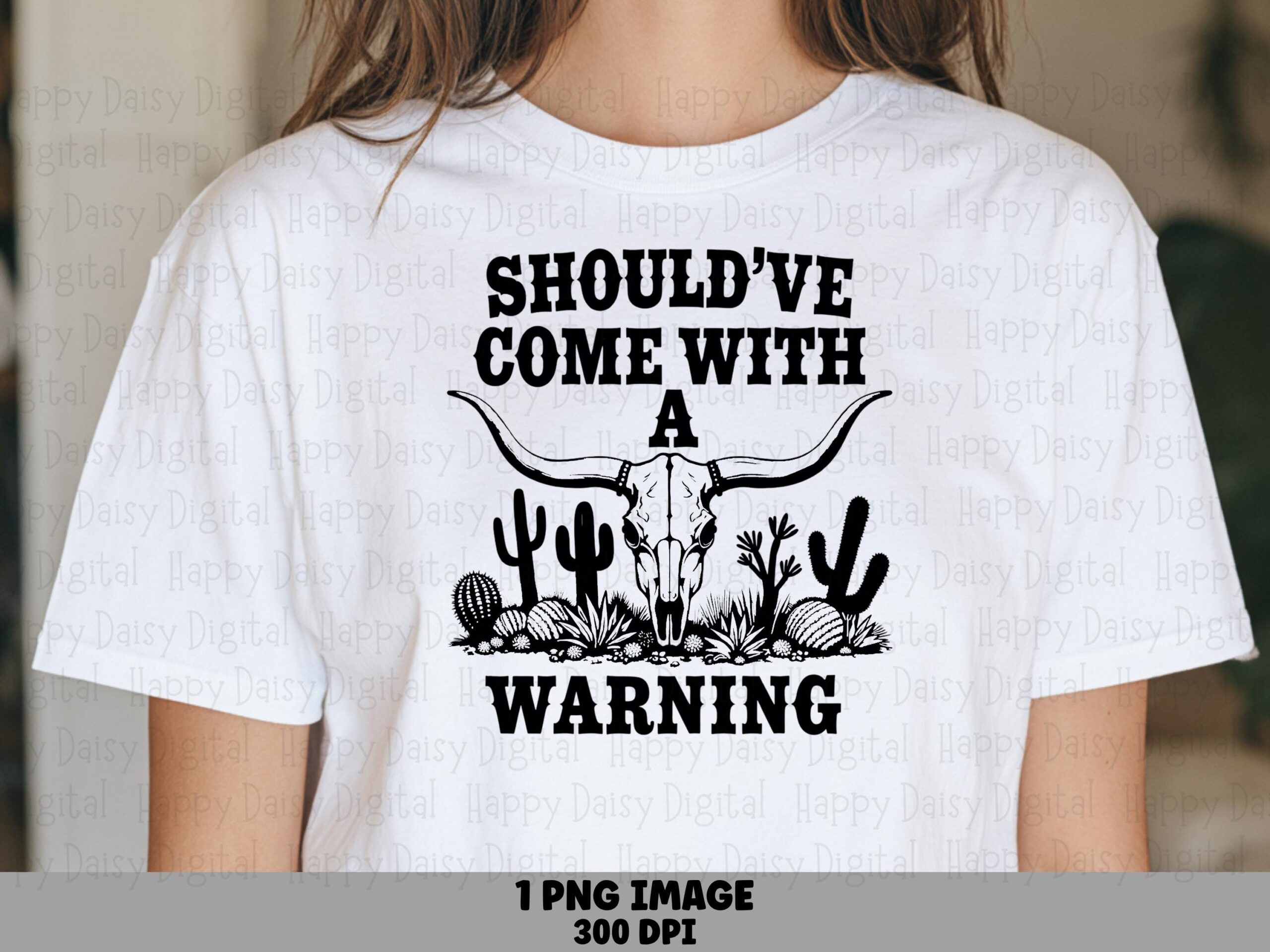 Warning Label, Western Longhorn Skull PNG | Sublimation Commercial Use | 300 DPI, Transparent Background