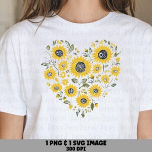 Illustrated Sunflower Heart PNG SVG | Sublimation Commercial Use POD