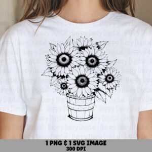 Sunflower Basket Sketch PNG SVG | Sublimation Commercial Use POD
