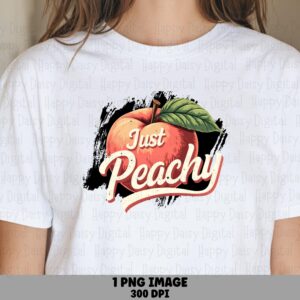 Just Peachy, Retro Fruit PNG | Sublimation File, Commercial License, 300 DPI, Black Brush Stroke, Peach Clipart