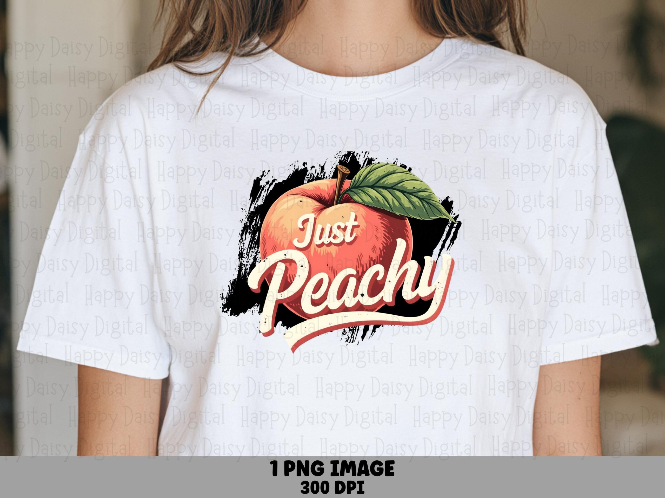 Just Peachy, Retro Fruit PNG | Sublimation File, Commercial License, 300 DPI, Black Brush Stroke, Peach Clipart