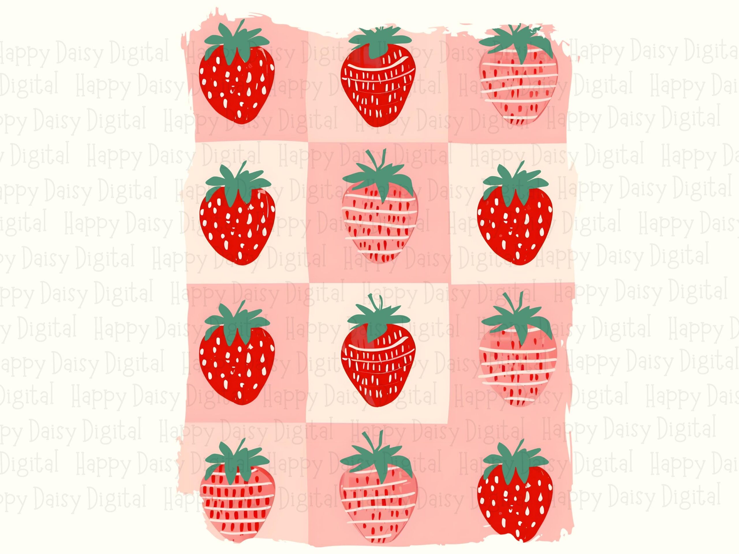 Strawberry Quilt, Checkered Fruit PNG | Sublimation Clipart, Commercial Use, Pink Cream Grid - POD, 300 DPI - Image 2
