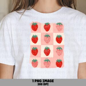 Strawberry Quilt, Checkered Fruit PNG | Sublimation Clipart, Commercial Use, Pink Cream Grid - POD, 300 DPI