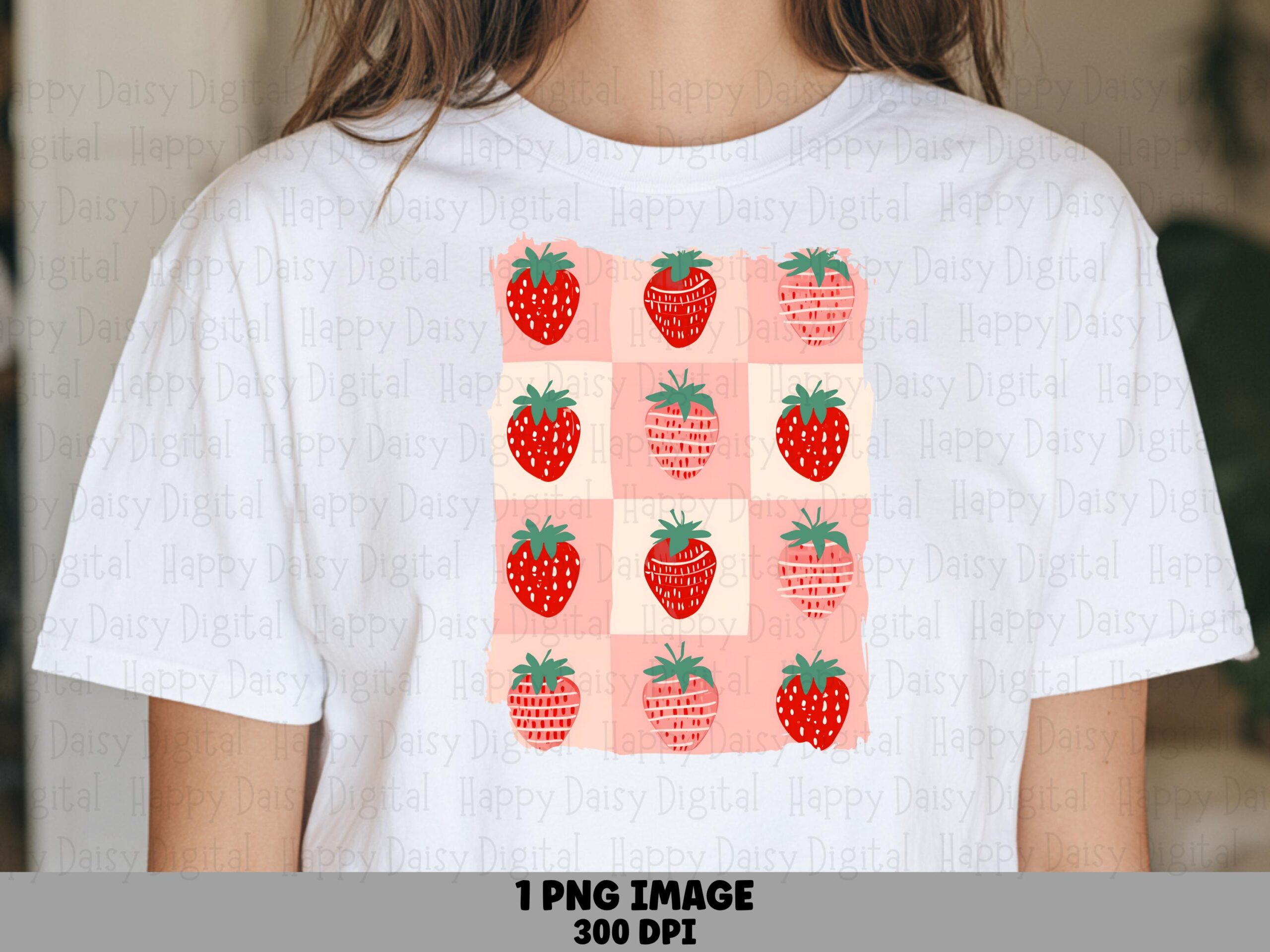 Strawberry Quilt, Checkered Fruit PNG | Sublimation Clipart, Commercial Use, Pink Cream Grid - POD, 300 DPI