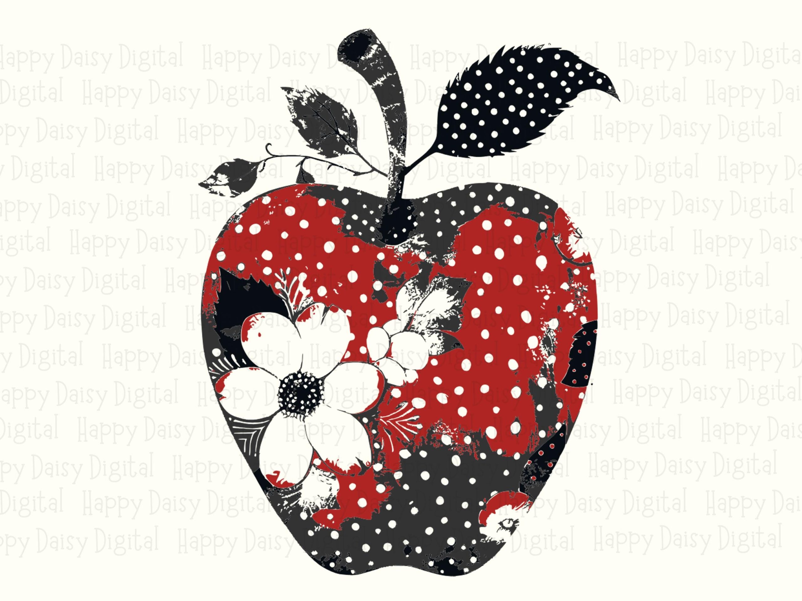 Floral Apple, Silhouette PNG SVG, Black White Red Polka Dots | Sublimation Clipart, Commercial Use, 300 DPI - Image 2