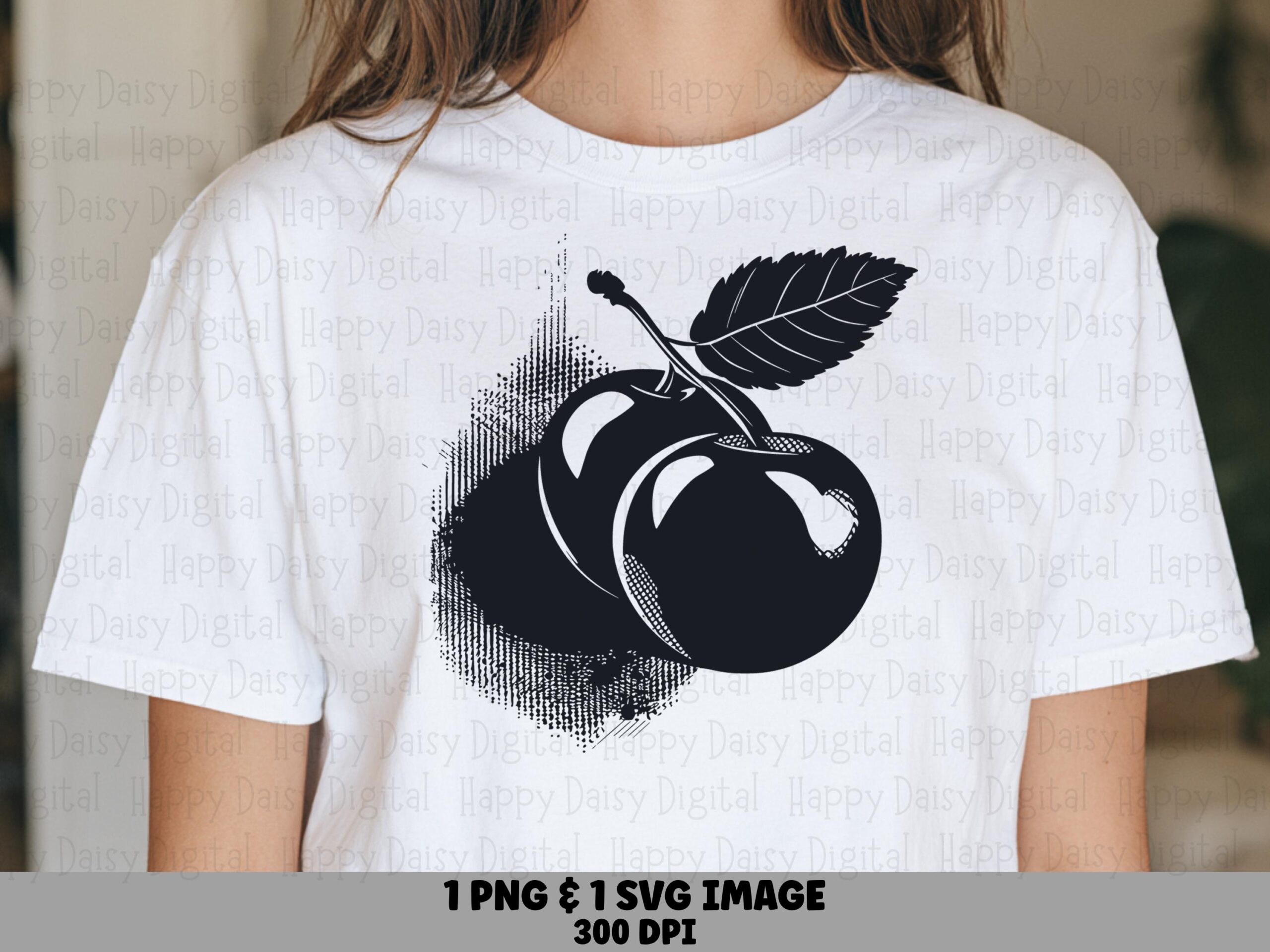 Cherries Silhouette, Grunge Sketch PNG/SVG, Distressed Black Fruit Art | Sublimation, Commercial Use, POD Files