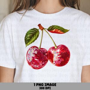 Disco Cherries, Sparkling Mirror Ball Cherry PNG | Transparent Background, 300 DPI | Commercial Use, Sublimation