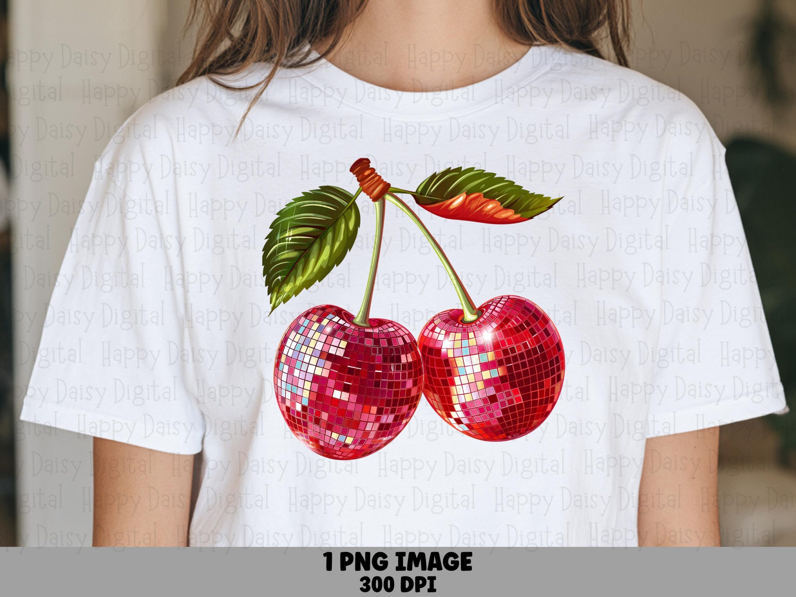 Disco Cherries, Sparkling Mirror Ball Cherry PNG | Transparent Background, 300 DPI | Commercial Use, Sublimation