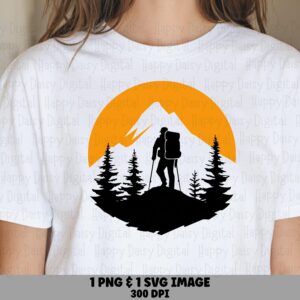 Sunset Hiker, Silhouette Clipart PNG SVG | Orange Backpacker Design, Commercial Use, Sublimation