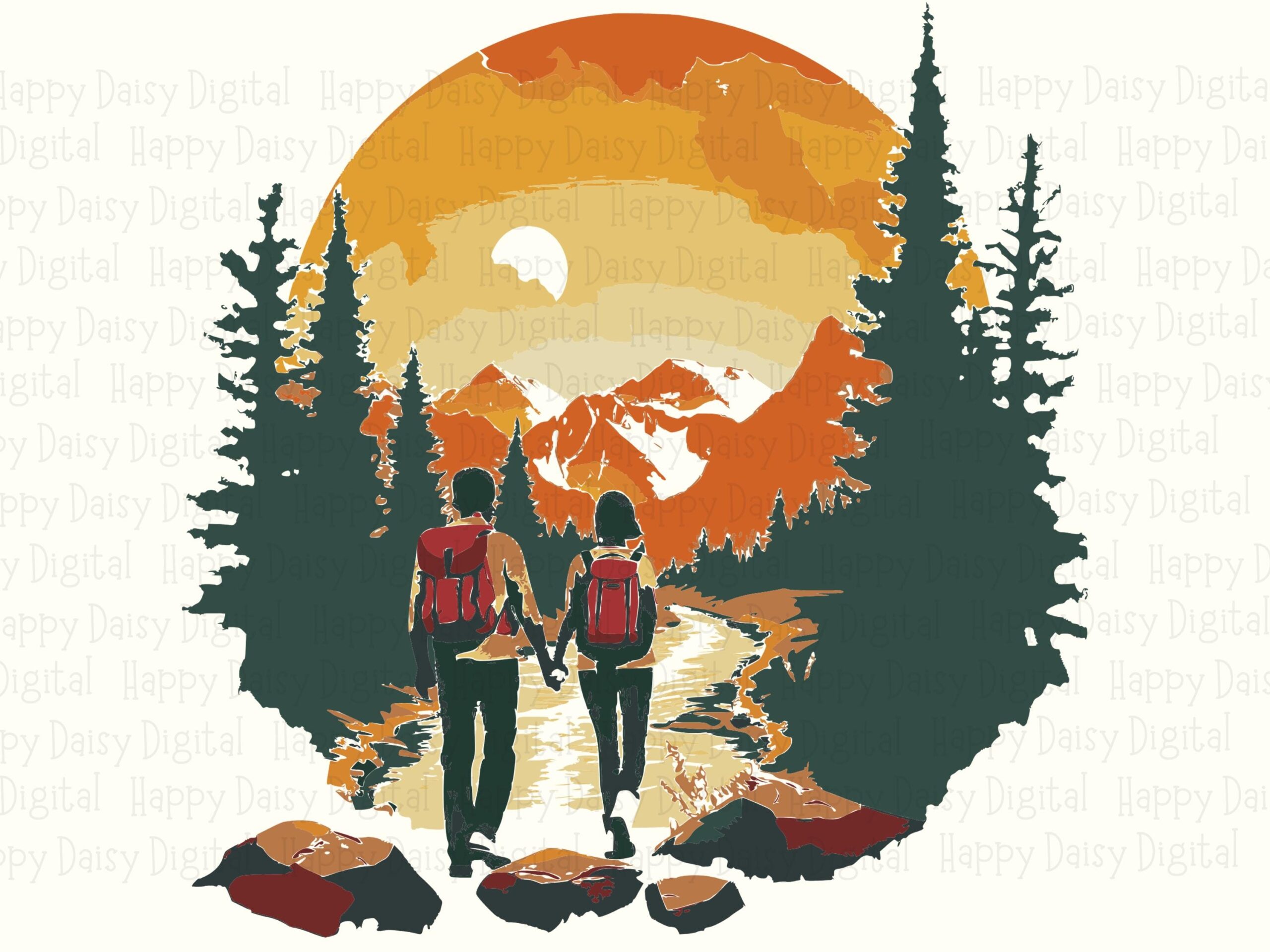 Hiking Couple, Sunset Backpackers PNG & SVG | Colorful Mountain River Clipart, 300 DPI, Commercial Use - Image 2