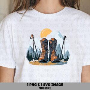 Hiking Boots, Mountain Backdrop Illustration | PNG & SVG Files, Sublimation, 300 DPI, Commercial Use
