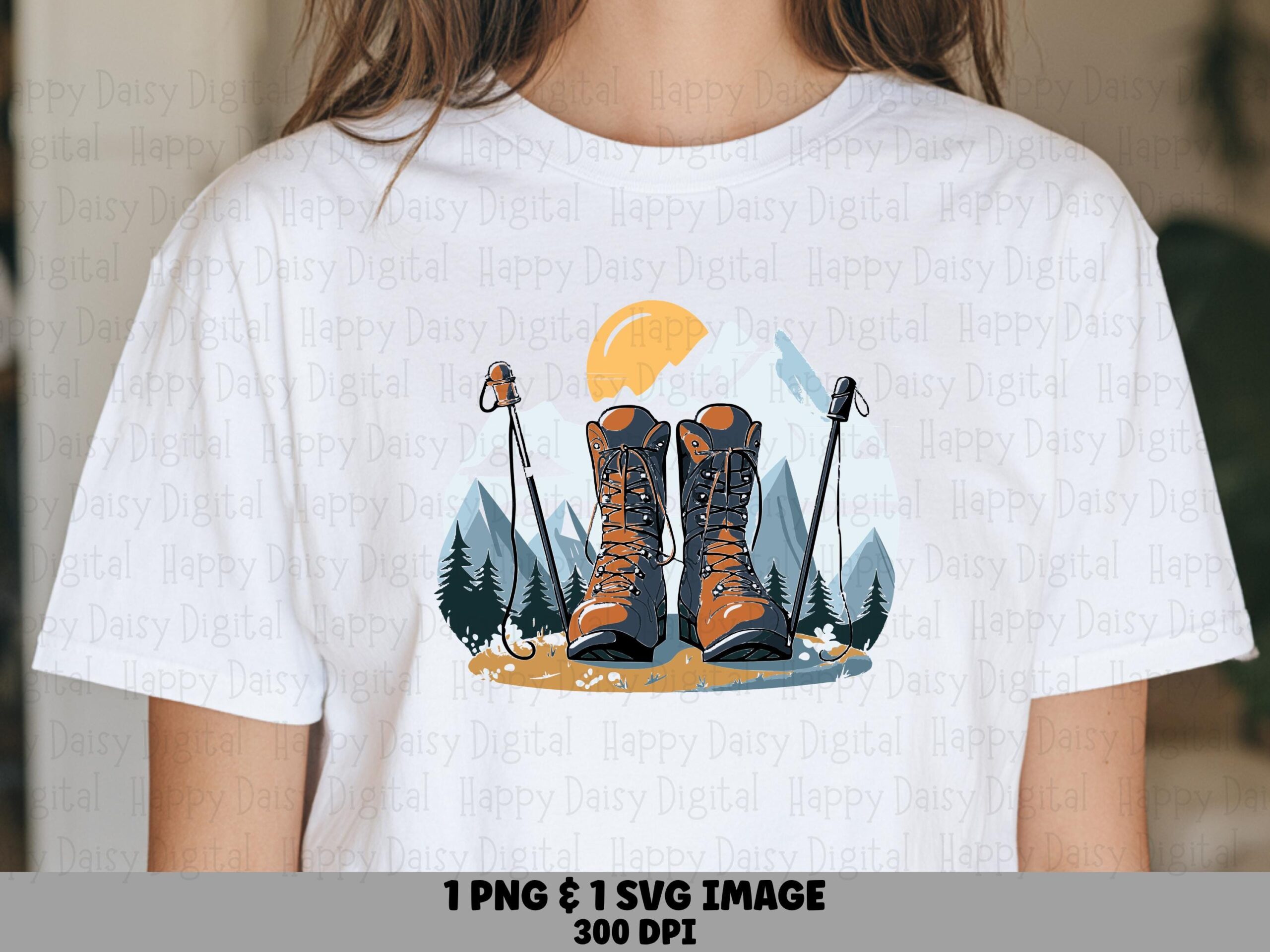Hiking Boots, Mountain Backdrop Illustration | PNG & SVG Files, Sublimation, 300 DPI, Commercial Use