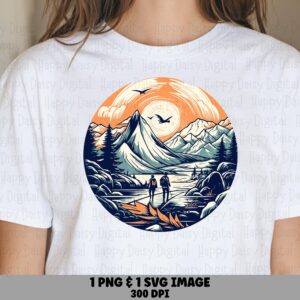 Lake Hikers, Sunrise Mountain Scene PNG SVG Bundle | Detailed Duo Clipart - 300 DPI, Print Ready Files