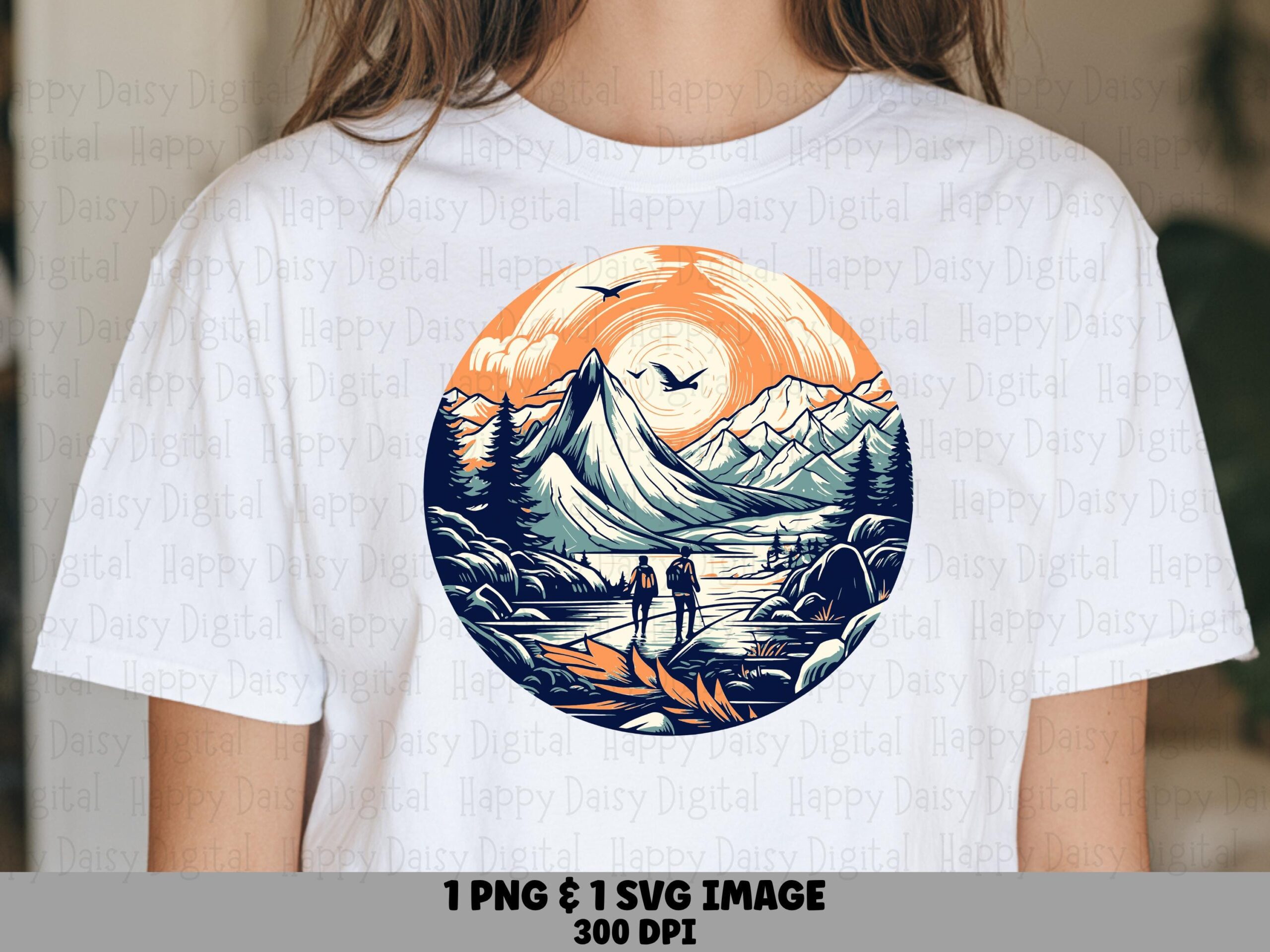 Lake Hikers, Sunrise Mountain Scene PNG SVG Bundle | Detailed Duo Clipart - 300 DPI, Print Ready Files