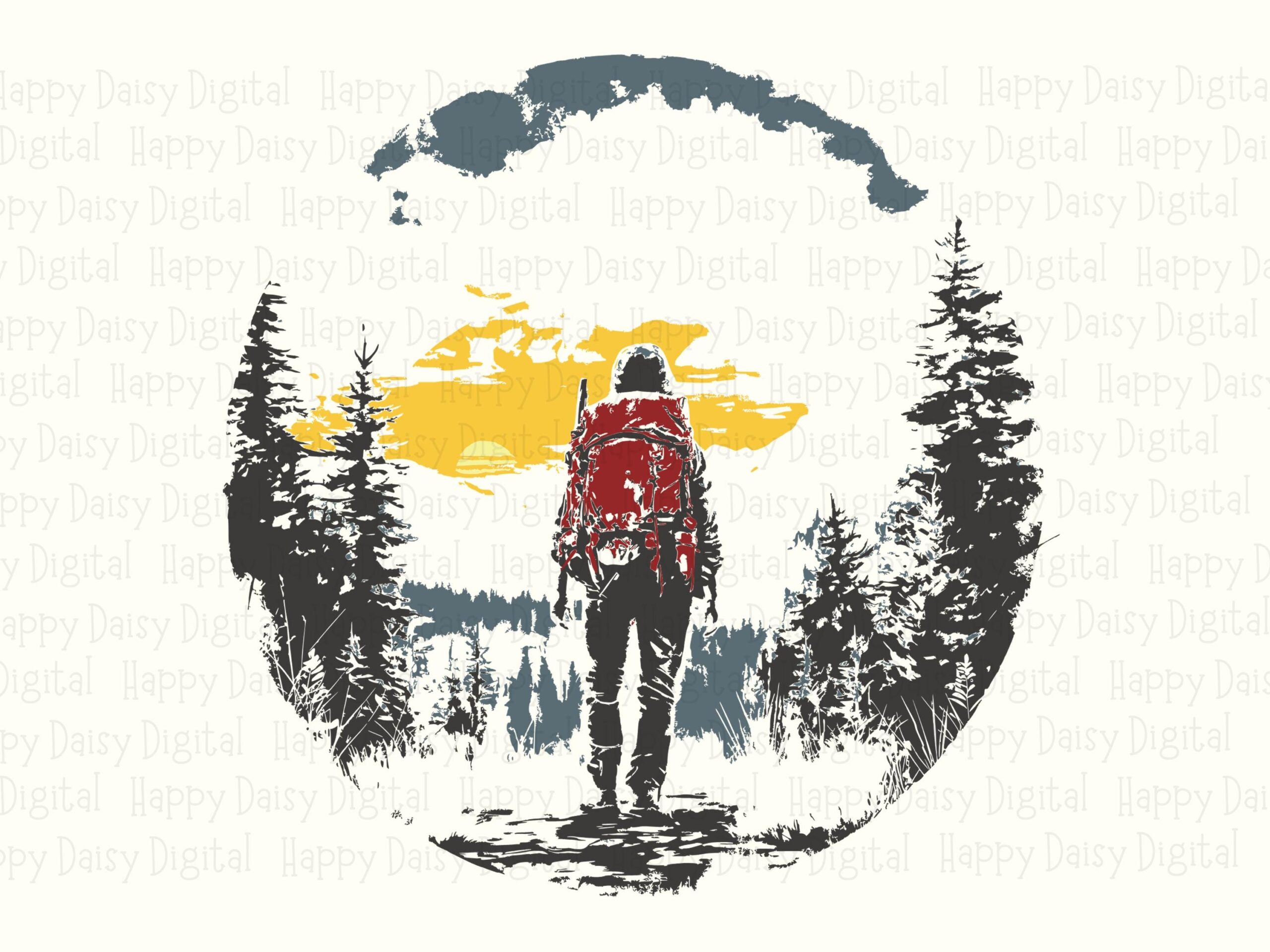Winter Hiker, Snowy Pines Circle Badge Art, Backpacker Scene | PNG & SVG Files, 300 DPI, Commercial License - Image 2
