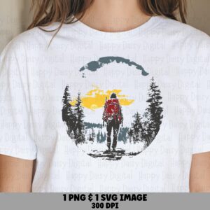 Winter Hiker, Snowy Pines Circle Badge Art, Backpacker Scene | PNG & SVG Files, 300 DPI, Commercial License