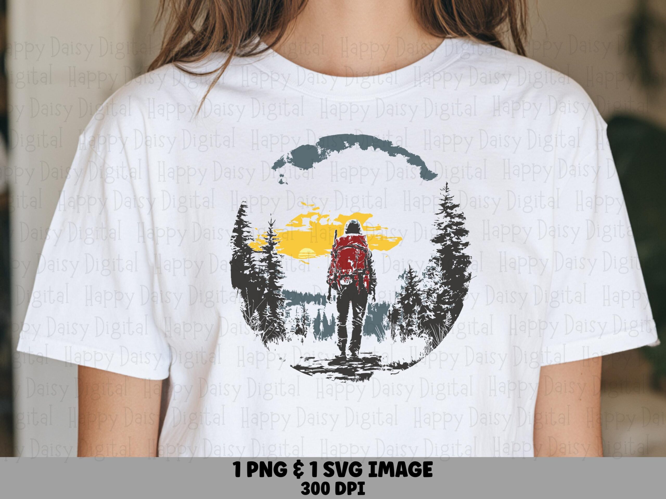 Winter Hiker, Snowy Pines Circle Badge Art, Backpacker Scene | PNG & SVG Files, 300 DPI, Commercial License