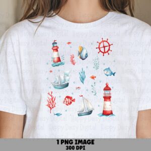 Nautical Watercolor Flat Lay PNG | Sublimation Commercial Use POD