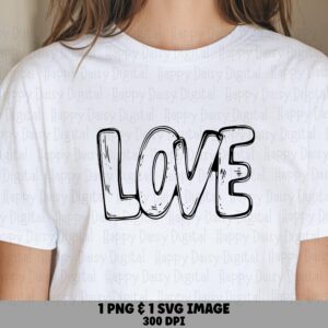 Love Outline Text, Bold Hand-Drawn PNG SVG | Sketchy Shaded Sublimation Design, Commercial Use, 300 DPI
