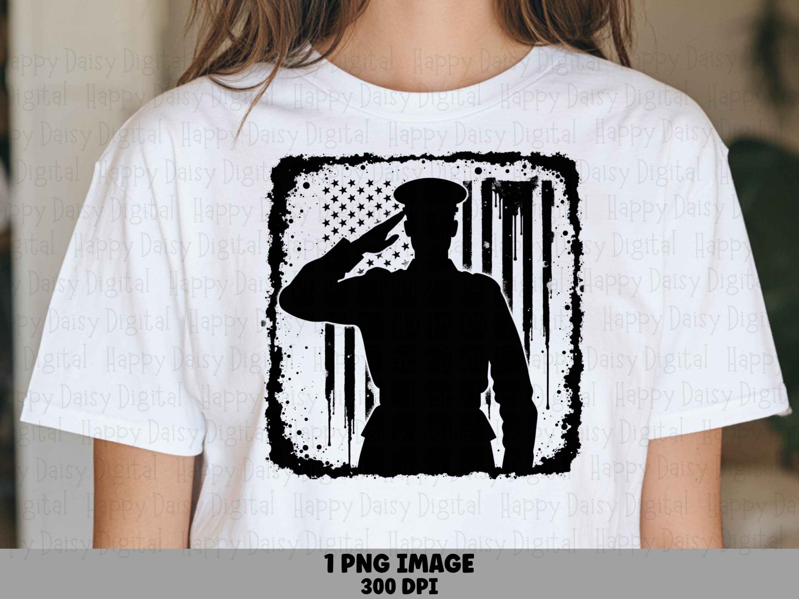 Grunge Flag Art, Saluting Soldier Silhouette PNG | American Patriotic Sublimation, Commercial Use, 300 DPI