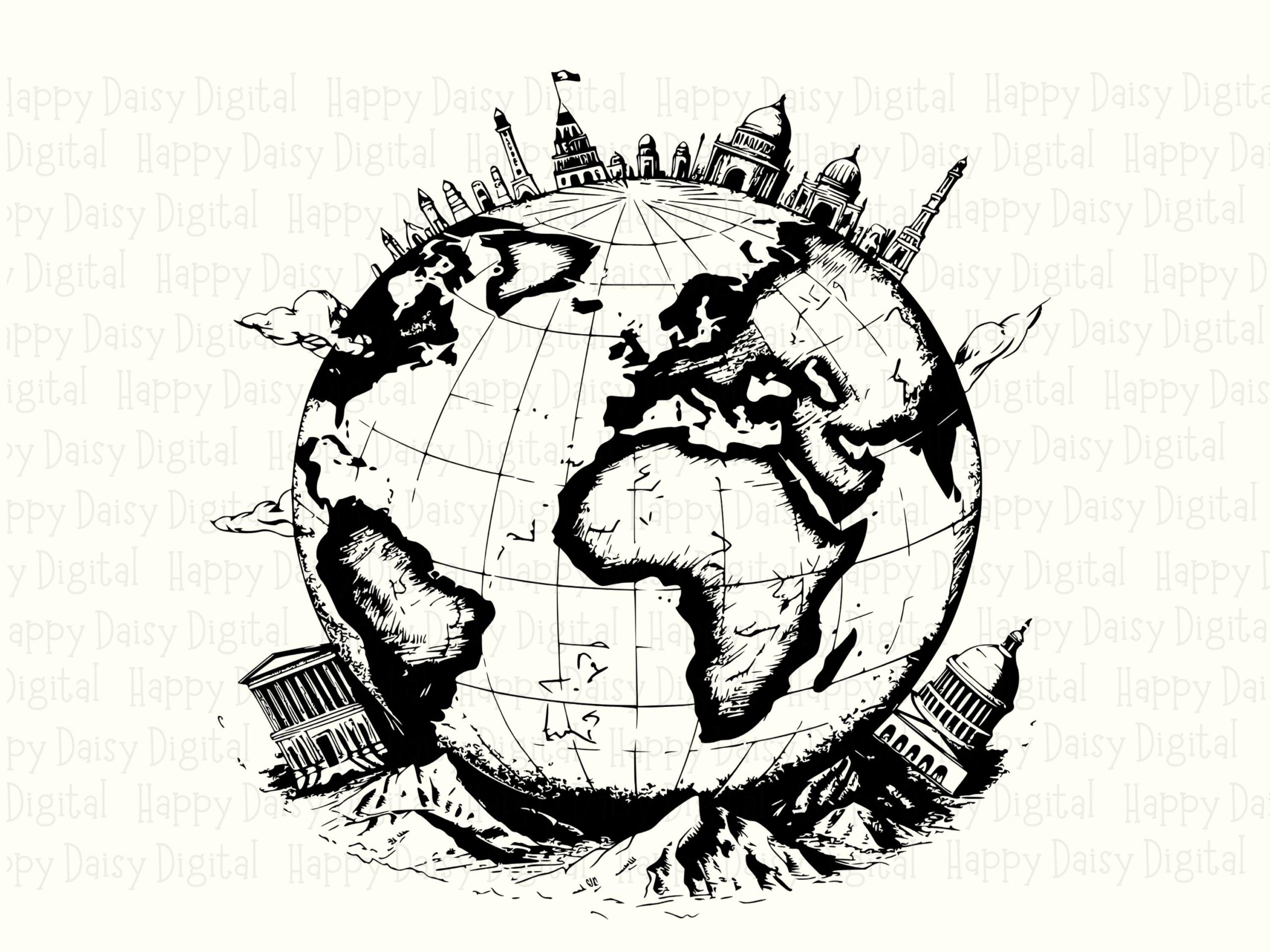 World Landmarks, Sketch Style Globe Illustration | PNG & SVG Digital Files - Black And White, 300 DPI - Image 2