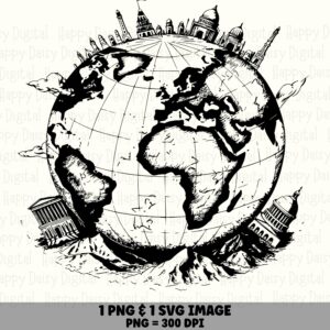 World Landmarks, Sketch Style Globe Illustration | PNG & SVG Digital Files - Black And White, 300 DPI