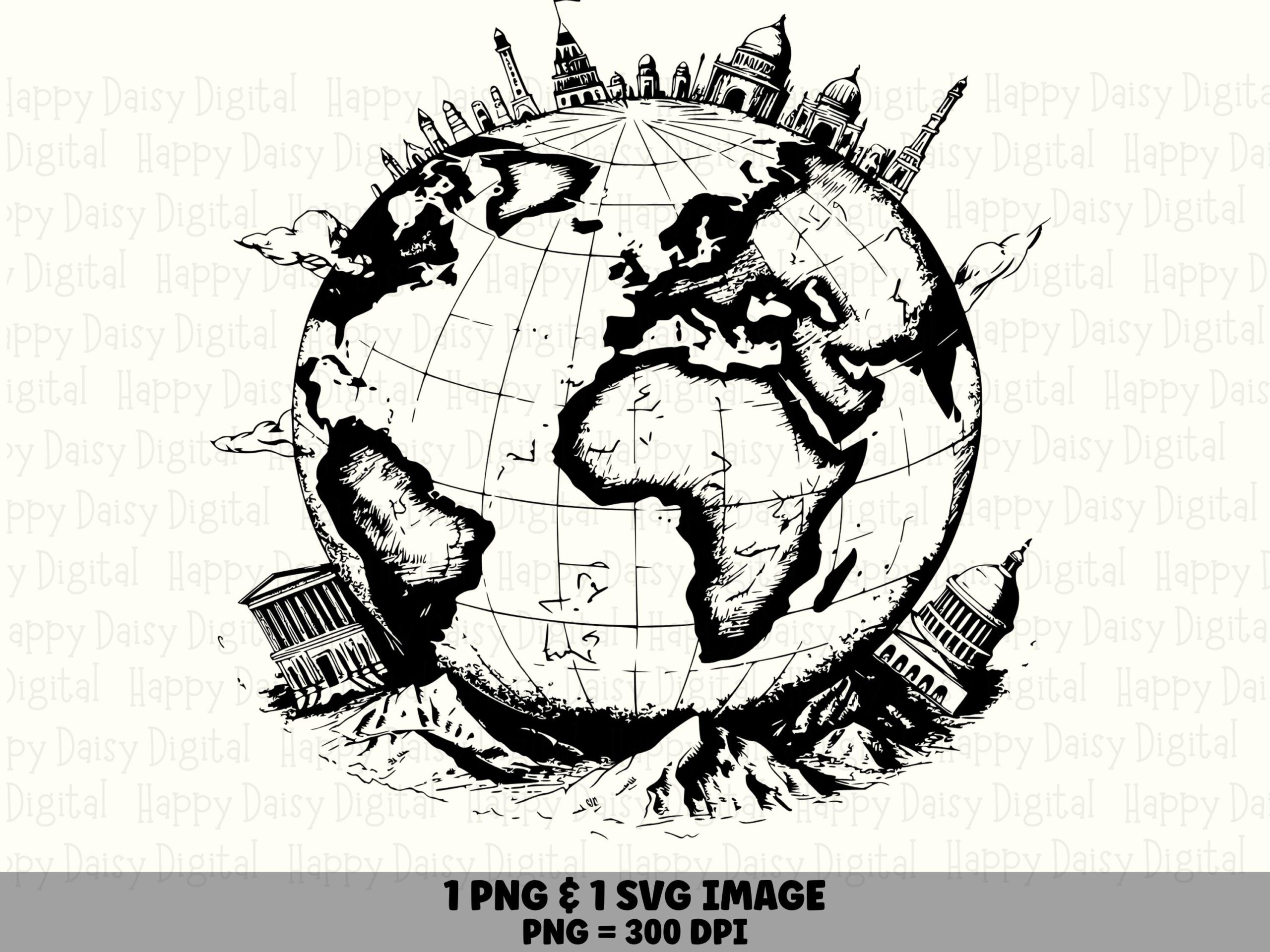 World Landmarks, Sketch Style Globe Illustration | PNG & SVG Digital Files - Black And White, 300 DPI