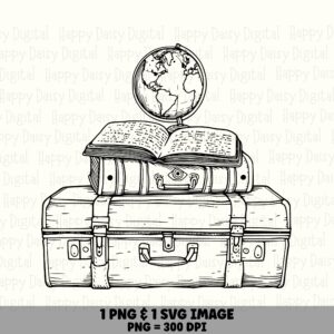 Travel Trunk PNG, Vintage Line Art Globe On Books | SVG Included, Commercial Use License, POD Graphics