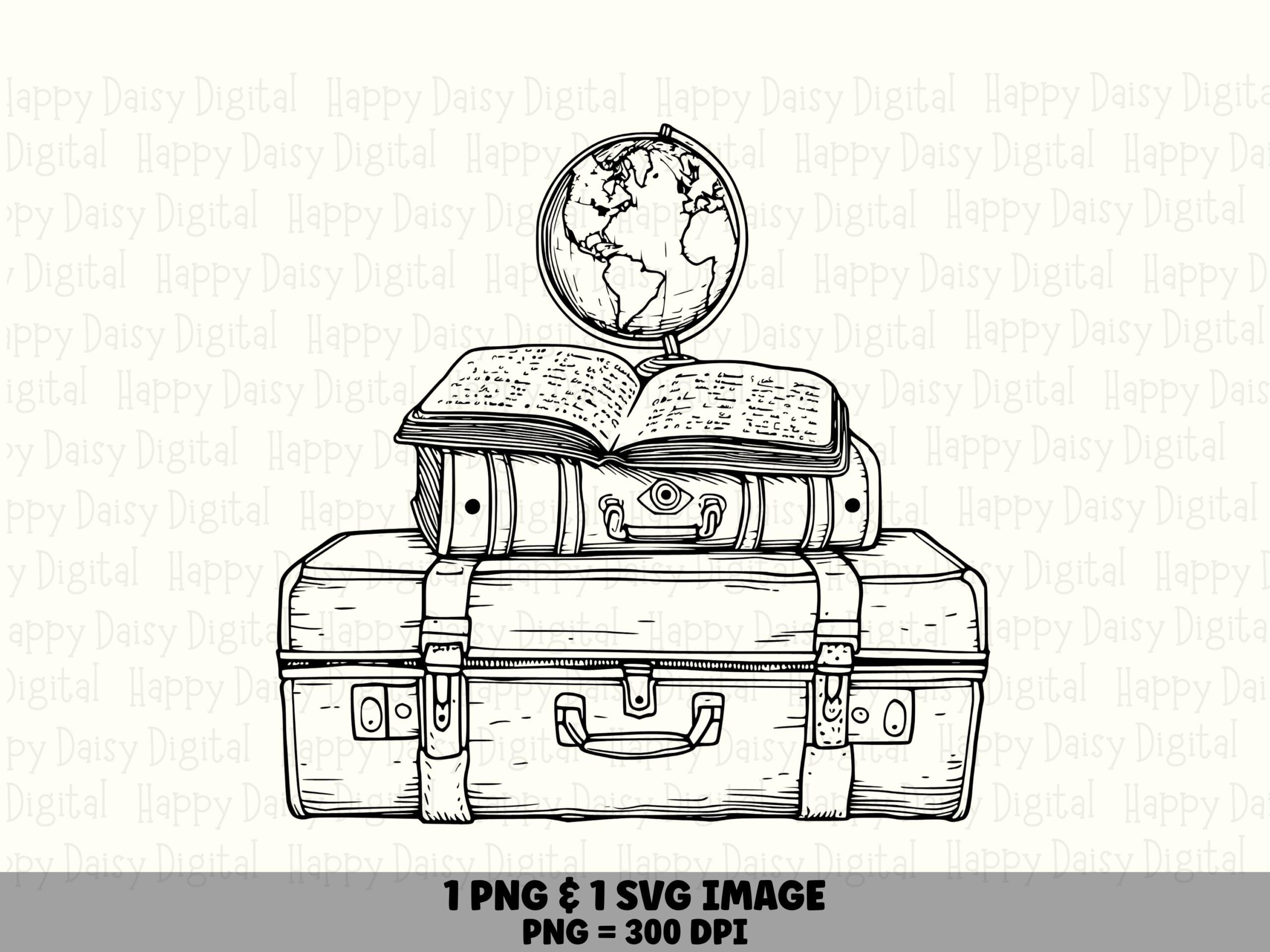 Travel Trunk PNG, Vintage Line Art Globe On Books | SVG Included, Commercial Use License, POD Graphics