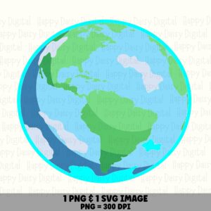 Cartoon Globe, Cute Earth Clipart PNG SVG | Bright Cyan Outline, Blue Oceans | Commercial Use, 300 DPI