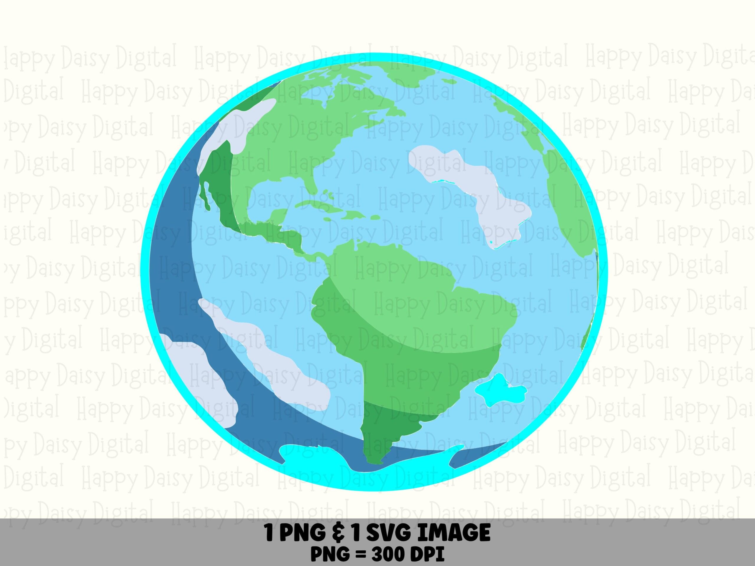 Cartoon Globe, Cute Earth Clipart PNG SVG | Bright Cyan Outline, Blue Oceans | Commercial Use, 300 DPI