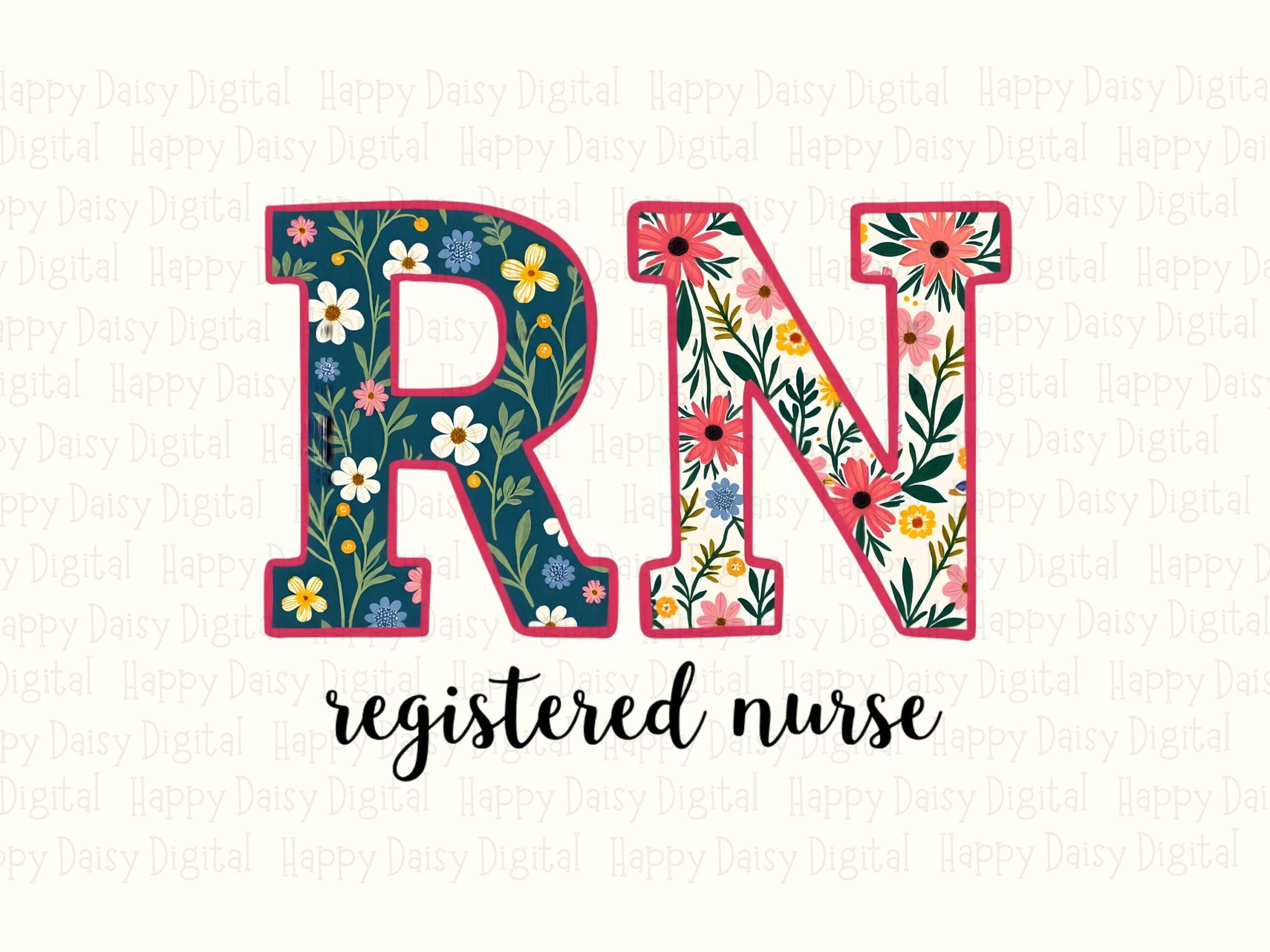 Floral RN, Navy Wildflower Monogram PNG | Sublimation Design, Commercial Use - 300 DPI, Print Ready - Image 2