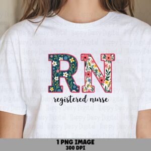 Floral RN, Navy Wildflower Monogram PNG | Sublimation Design, Commercial Use - 300 DPI, Print Ready