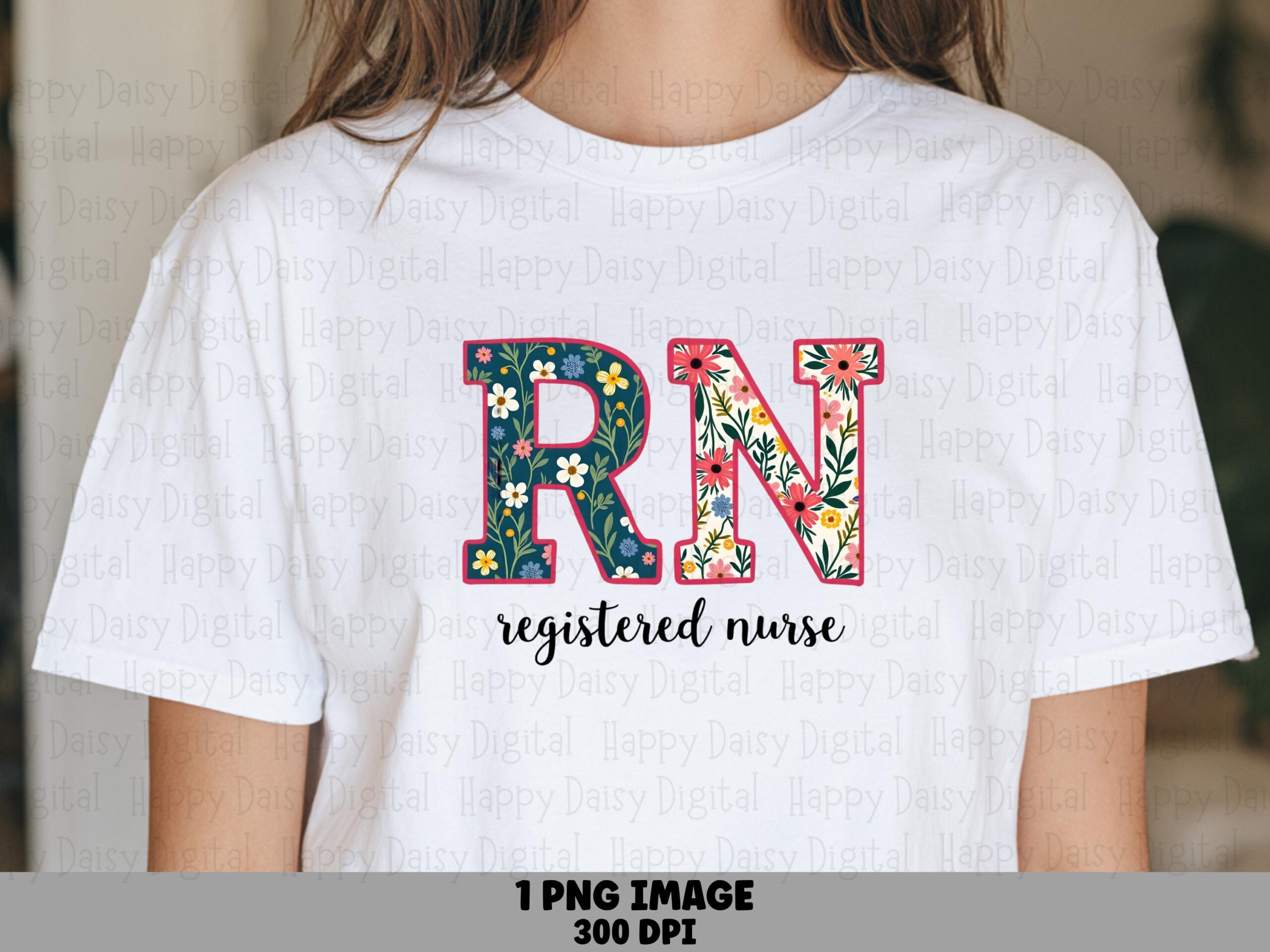 Floral RN, Navy Wildflower Monogram PNG | Sublimation Design, Commercial Use - 300 DPI, Print Ready