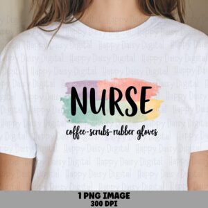 Nurse Coffee Scrubs, Pastel Watercolor PNG - Black Script Design, Rubber Gloves Quote | Sublimation, 300 DPI