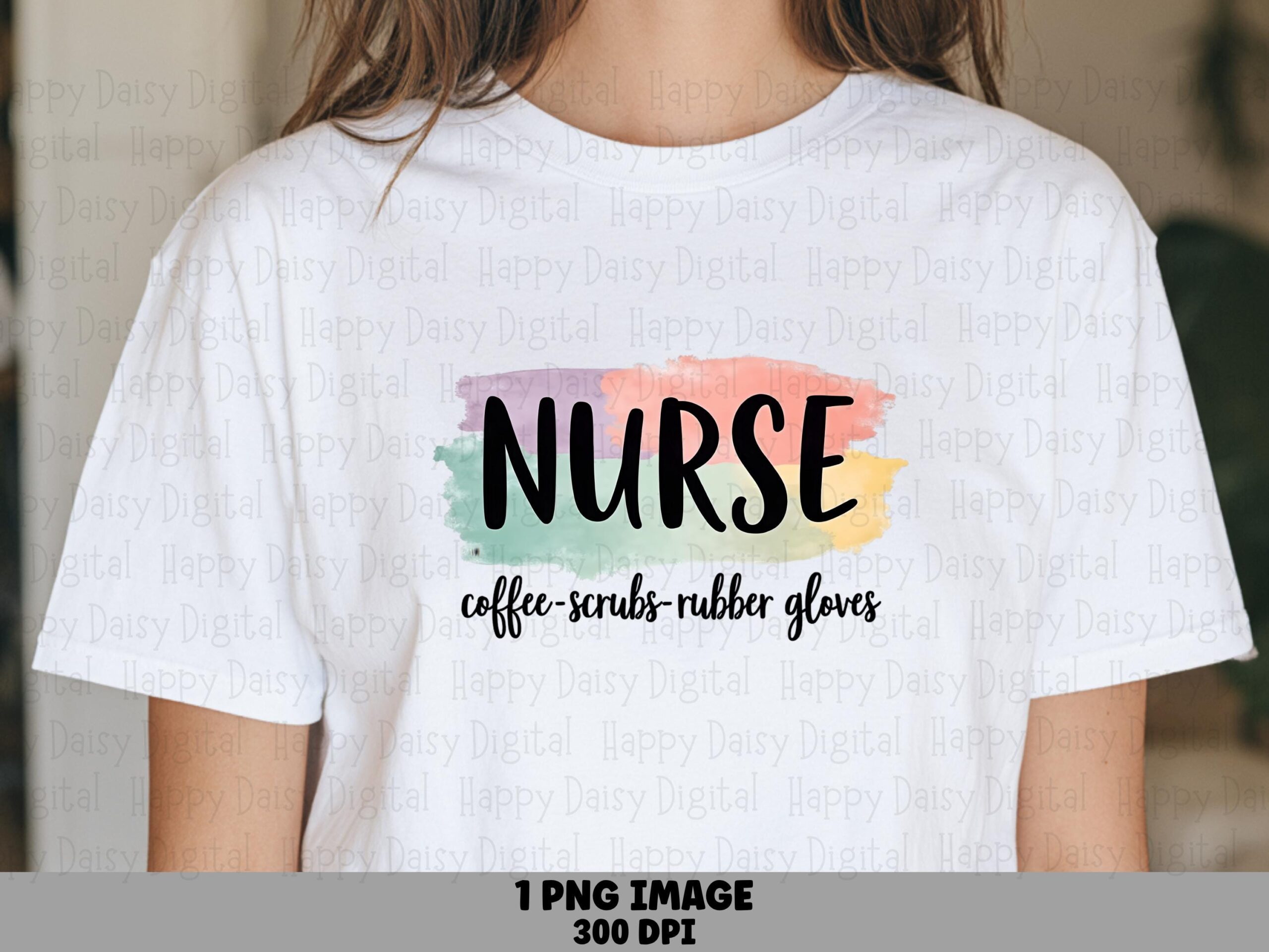 Nurse Coffee Scrubs, Pastel Watercolor PNG - Black Script Design, Rubber Gloves Quote | Sublimation, 300 DPI