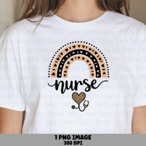 Rainbow Nurse, Boho Sublimation PNG | Leopard Heart Stethoscope, Cursive Script, 300 DPI, Commercial Use