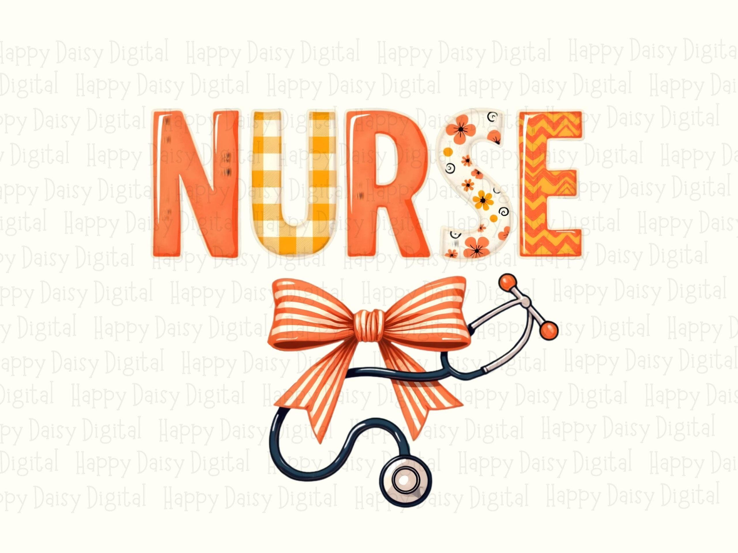 Bow Stethoscope, Orange Floral Nurse PNG - Striped Accent, 300 DPI, Commercial Use Sublimation - Image 2